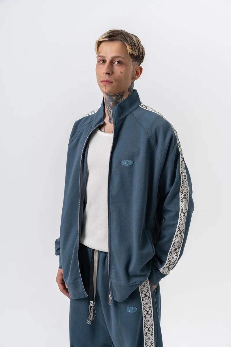 RESPIRE Men's Damask Striped Stand Collar Doubleface Zip Oversize Sweatshirt Petrol